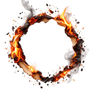 Realistic effect of burning and burnt circular paper hole with fiery flames, smoke and glowing embers isolated on transparent background