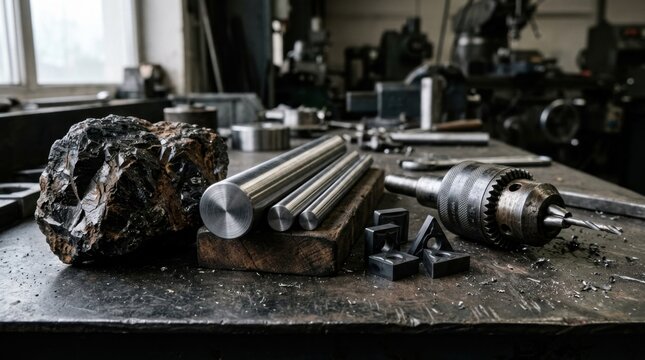 Wolframite ore, tungsten rods, carbide inserts, and drill chuck on industrial table