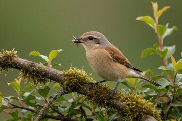 Naklejka premium Female red backed shrike bird sits on a mossy branch holding insect prey in its beak. It watches its surroundings from a natural woodland habitat. Beautiful wildlife photography detail.