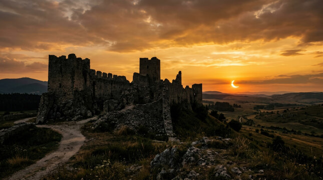 Ancient stone castle ruins silhouetted against glowing golden sunset sky with rare solar eclipse over rolling hills.