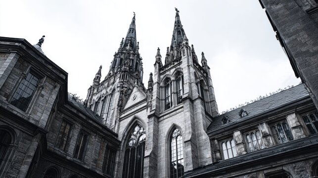 Gothic Architecture of Historic Cathedral with Tall Spires