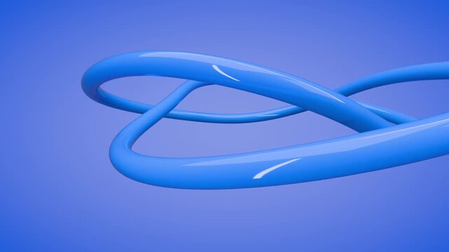 Minimal glossy 3d animation of a smooth torus knot looping seamlessly over a soft blue gradient backdrop with studio lighting and clean modern aesthetic.