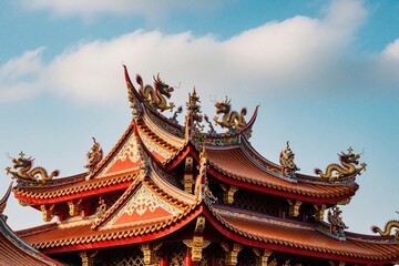 Obraz premium Traditional Chinese temple roof with ornate dragon decorations, red tiles. Ancient oriental architecture features colorful pagoda style design under blue sky. Cultural landmark shows detailed