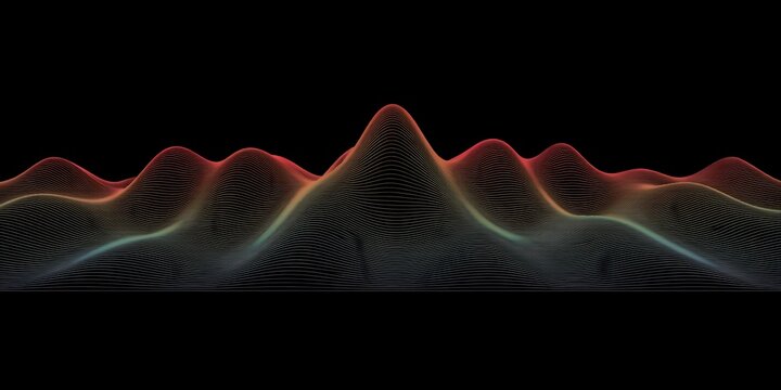 Abstract futuristic digital wave landscape wireframe graphic featuring glowing red and green neon lines on black backdrop for modern tech design backgrounds.