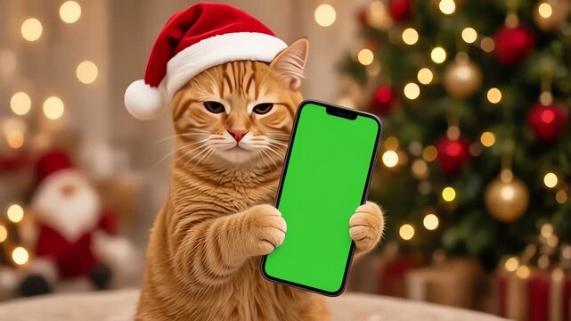 Festive Christmas at cat in santa hat holding smartphone with green screen, on festive background, new year sale promotions, app advertisements and holiday discounts
