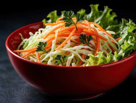 Fresh coleslaw salad in red ceramic bowl. Shredded cabbage, carrots mixed with green lettuce leaves. Healthy vegan meal with organic vegetables on dark background. Tasty vegetarian dish for lunch