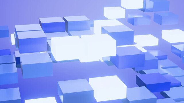 Minimal pastel gradient 3D loop of floating cubes with soft glow and smooth lighting. Clean geometric motion graphic ideal for tech, data, and modern design backdrops.