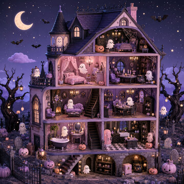 Cute Haunted Dollhouse with Friendly Ghosts, Pumpkins and Halloween Night Decor
