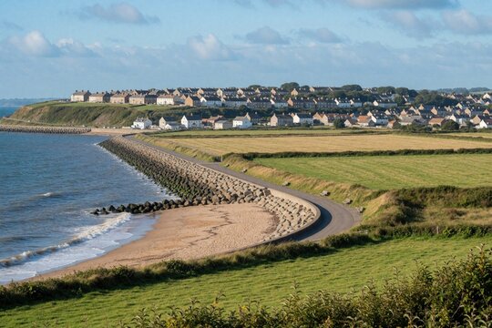 Panoramic view of Morecambe seaside town in England. Coastal landscape features sandy beach, sea waves, stone sea wall, green fields. Houses, residential buildings sit on hill under blue sky with