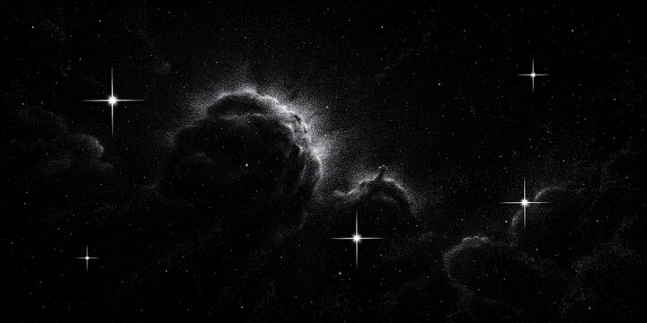 Stunning black and white deep space background featuring glowing nebulae, starry night sky, celestial cosmic dust, and bright starbursts for sci-fi design projects.
