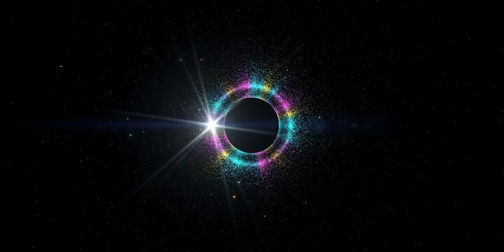 Stunning cosmic black hole with bright starburst lens flare and colorful vibrant glowing neon particle ring halo dust in dark starry deep space galaxy background.