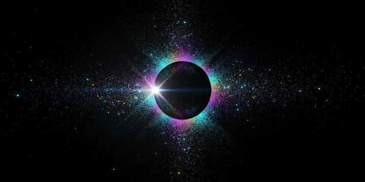 Stunning dark eclipse sphere surrounded by vibrant glowing teal and pink stardust particles, creating magical cosmic wallpaper for futuristic web design projects.