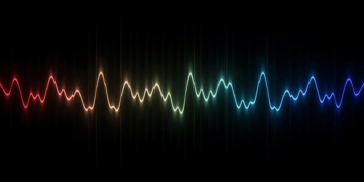 Vibrant glowing sound wave graphic featuring a colorful spectrum transitioning from warm red through golden yellow into cool blue tones against an inky black background.