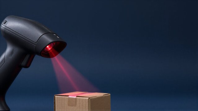 Barcode scanner scans cardboard box with red light against dark blue background.