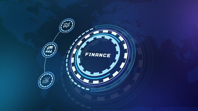 Finance business concept with futuristic circular interface, digital banking analytics and global financial management technology animation.