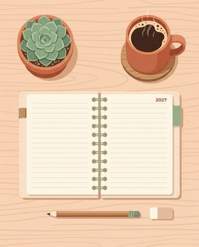 desk flat lay with empty planner 2027 and coffee cup digital illustration - ai generated