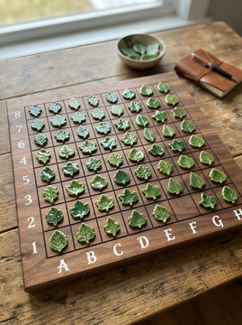Wooden board game featuring ceramic green leaf playing pieces arranged on table with rustic notebook.