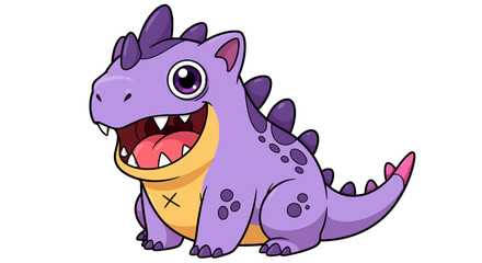 Fototapeta premium Playful purple cartoon dinosaur smiling with sharp teeth and spiky tail in a cheerful pose.