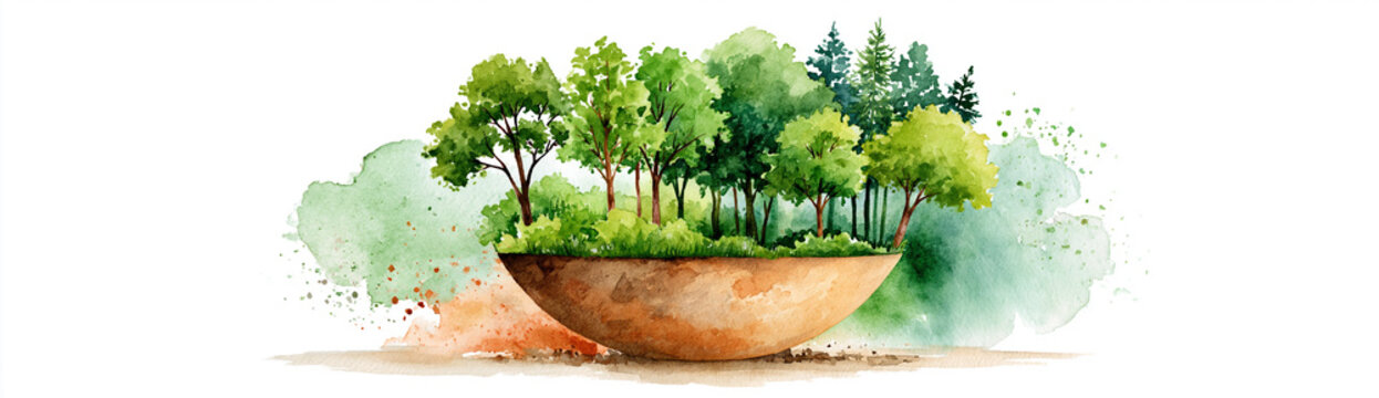 A watercolor illustration of a half-sphere bowl filled with a miniature forest of diverse green trees against a light background.