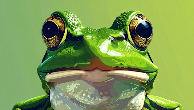 Close Portrait of a Green Frog Illustration with Detailed Eyes and Vibrant Natural Texture