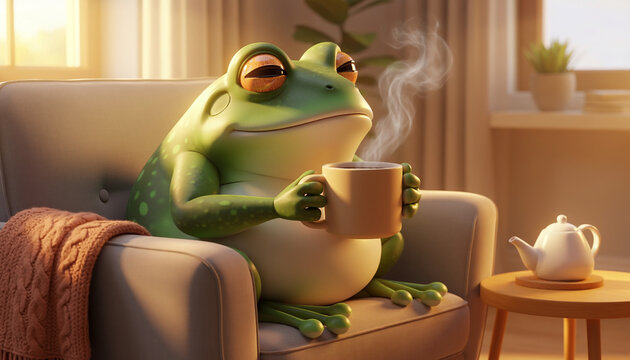 Frog Illustration of a Cute Frog Drinking Coffee Morning in a Cozy Living Room Setting