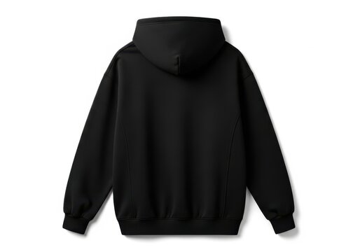 Black hoodie laid flat on a white background for fashion and clothing display