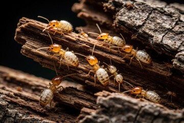 Naklejka premium Macro view of termites consuming aged wood. Small insects crawl on decaying timber, causing structural damage. Colony of pests gnaws wood material.