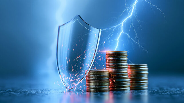 Stacks of coins shielded by a transparent shield with lightning striking behind, symbolizing financial protection and security against risks.