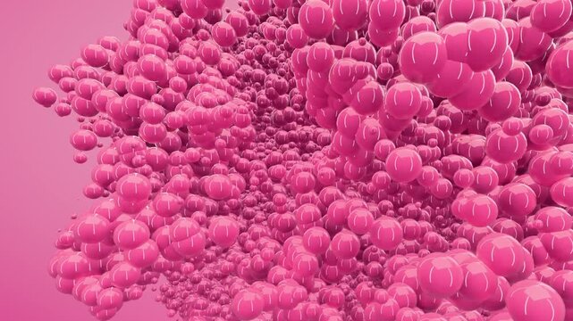 Seamless 3D loop of glossy pink spheres forming a flowing bubble cloud. Smooth minimal CGI with high key lighting and soft pastel monochrome aesthetic.