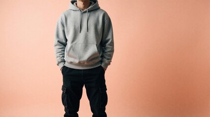 Fototapeta premium Young male model poses in grey hoodie, black cargo pants. Stylish guy stands against peach background wearing casual urban outfit. Person shows trendy streetwear clothing for youth fashion brand
