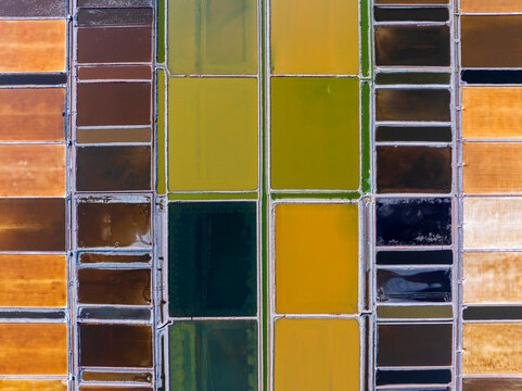 The view of the salt field，View of the salt field, Colorful salt pans captured by a drone