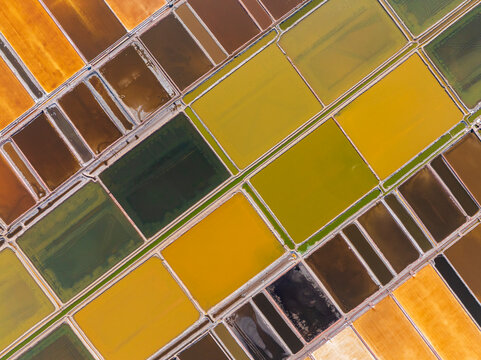 The view of the salt field，View of the salt field, Colorful salt pans captured by a drone