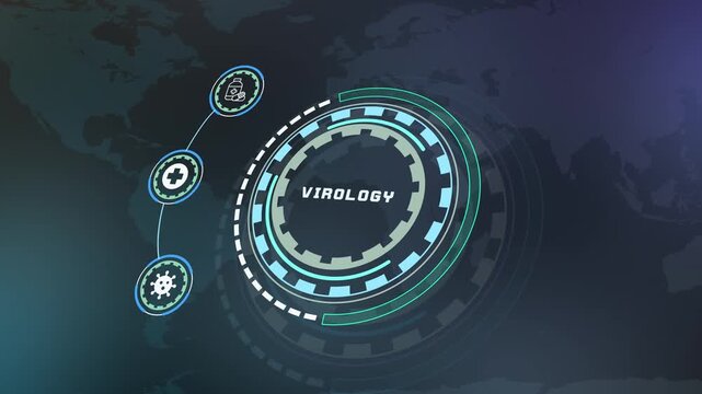 Global virology HUD display showing virus icon and epidemic tracking metrics over world map.
