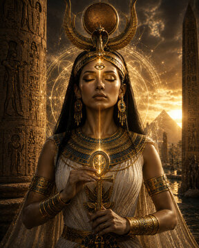 Mystical Egyptian Goddess Holding Glowing Ankh with Third Eye and Solar Crown
