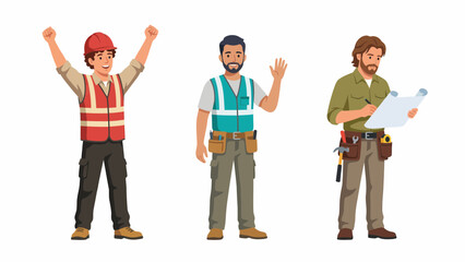 Obraz premium Three construction workers in uniform, one celebrating, one waving, and one reviewing blueprints on a white background.