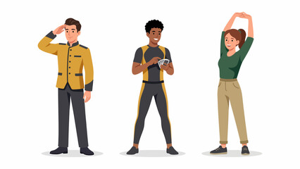 Obraz premium Three diverse people standing together, one in uniform, one in athletic wear, and one in casual clothes, representing different professions and lifestyles.