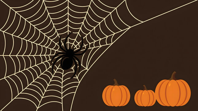 A spooky dark halloween background featuring a large detailed spider web with a black spider and three orange pumpkins