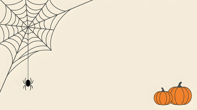 A minimalist halloween background featuring a delicate spider web and two small pumpkins on a clean light beige backdrop