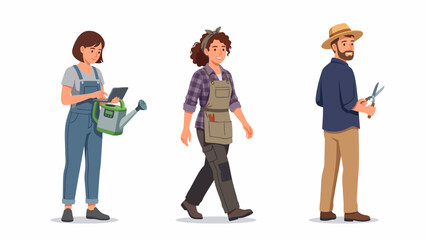 Obraz premium Three diverse gardeners, a woman with a watering can and tablet, another woman in an apron, and a man with pruning shears, standing against a white background.