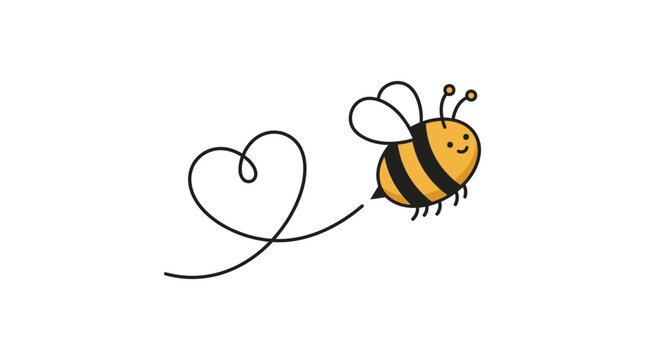 Cute cartoon bee flying and drawing a heart shape with thin black lines on white