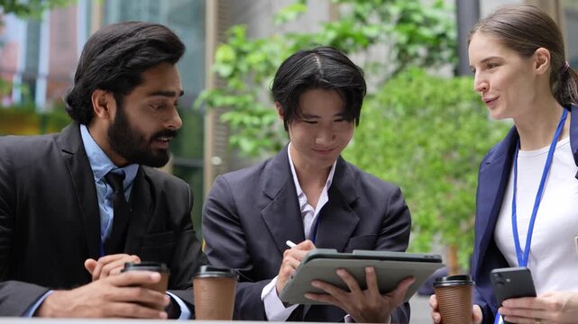 Three business colleagues at an outdoor cafe table review a digital tablet during an informal working coffee under fresh trees in the public realm of a smart city district