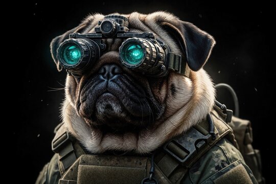 Pug wears night vision goggles and tactical vest. Dog looks serious in camouflage, ready for combat mission. Cute canine soldier with advanced gear for stealth.