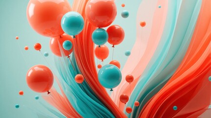 Naklejka premium Orange and turquoise balloons float upwards against a backdrop of flowing fabric waves in pastel hues. This abstract art conveys a sense of celebration and joyful movement, perfect for event themes.