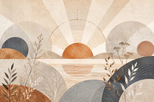 Abstract Boho Sunrise Landscape with Botanical Silhouettes and Neutral Geometric Shapes