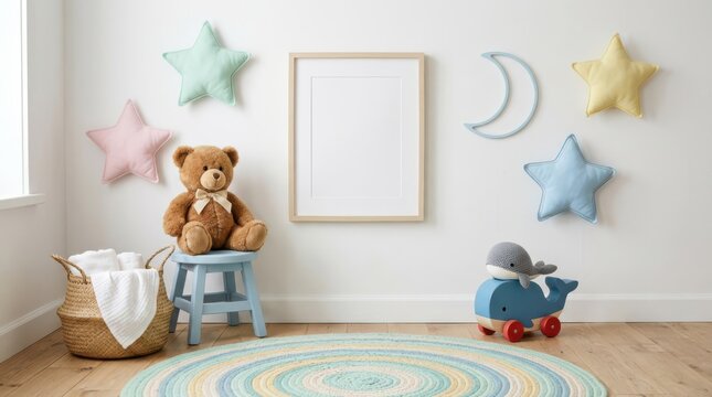 A plush brown teddy bear sits patiently on a small wooden stool inside a playful nursery room featuring a wooden picture frame surrounded by colorful star cushions and a cute wooden whale toy