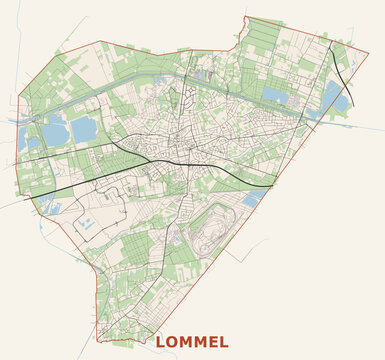 Detailed street map of Lommel in Limburg Belgium featuring road networks, canals, forest patches, and full municipal borders on a beige background.