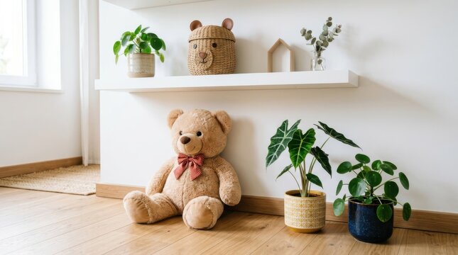 A charming teddy bear with a ribbon sits peacefully on the floor beside green house plants while decorative items rest on the wooden shelving unit inside this cozy sunlit residential living room