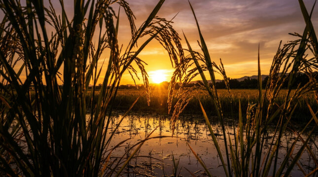 Mature rice plants standing in flooded field under warm sunset light capturing traditional farming and seasonal harvest scenery.