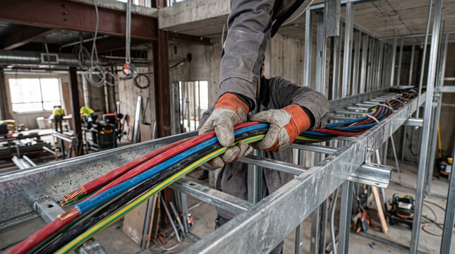 Electrician in safety gear pulls color-coded electrical cables through conduit in industrial workspace