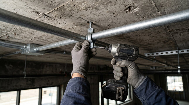 Electrician secures industrial conduit with precision tools during commercial wiring installation